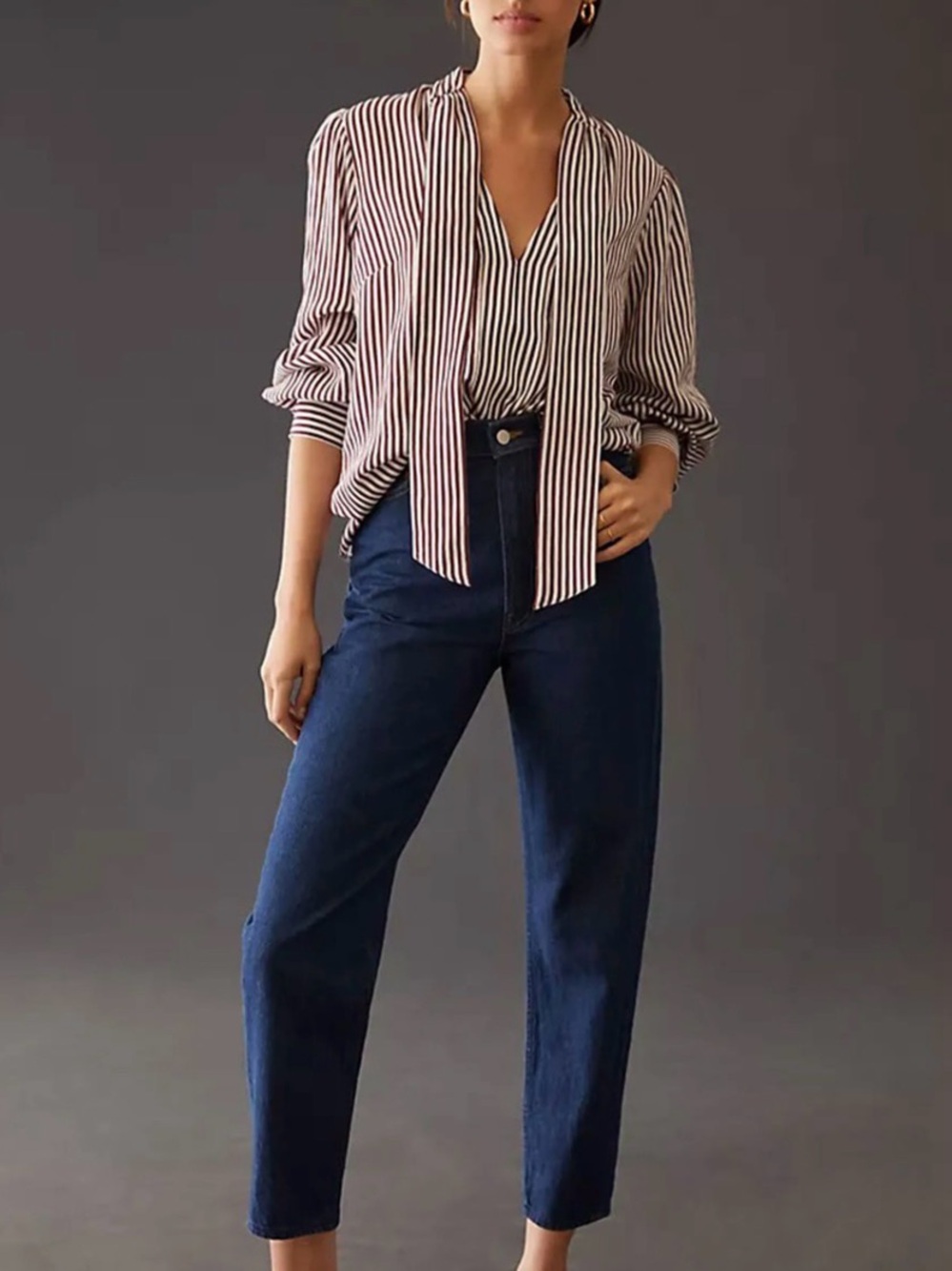 Anthropologie Maeve Maroon and White Striped V-Neck Blouse - Picture 2 of 7